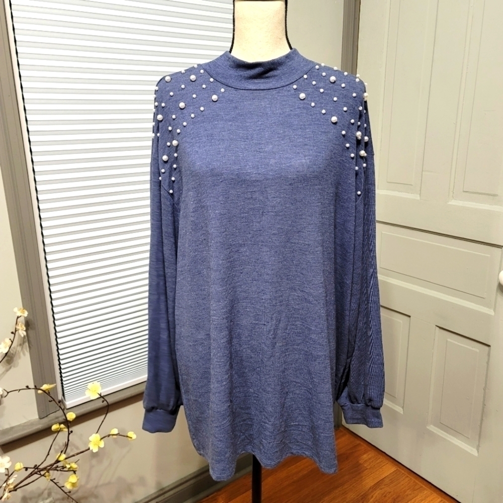 ASHLEY Stewart Pearl Detail Mock Neck Soft Knit Top